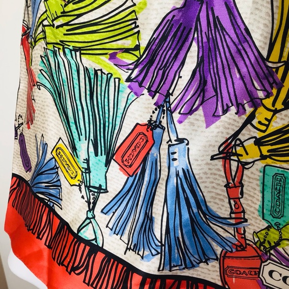 Coach Colorful Tassel Pattern Scarf silk women multi color designer - Picture 3 of 5